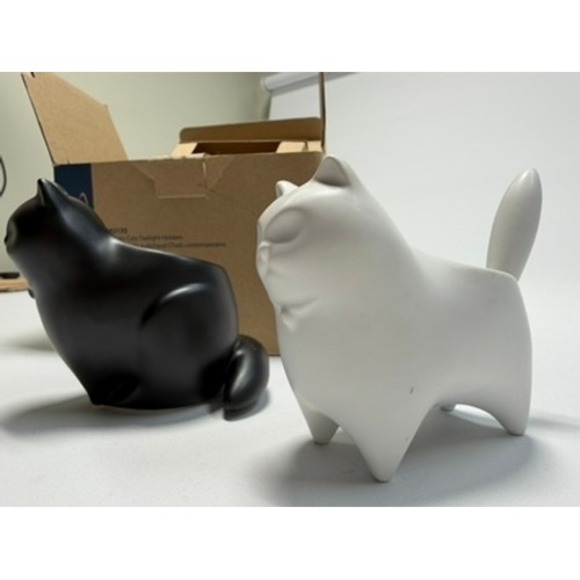 PartyLite Modern Cat Tealight Holders Set of 2 Black White Ceramic w Box - Picture 3 of 14